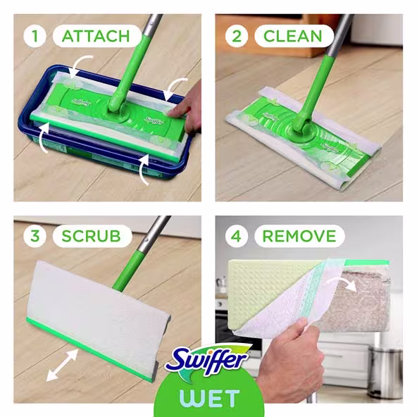 Swiffer® Sweeper™ 2-in-1, Starter Kit Wet  - How To: Attach, Clean, Scrub, Remove