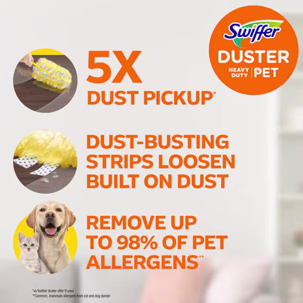5x dust pickup, dust-busting strips loosen built on dust, remove up to 98% of pet alergens