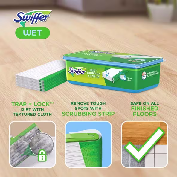 Swiffer® Sweeper™ Wet Mopping Pad Refills Gain Original Scent - Trap + Lock Dust With Textured Cloth, Remove Tough Spots With Scrubbing Strip, Safe On All Finished Floors