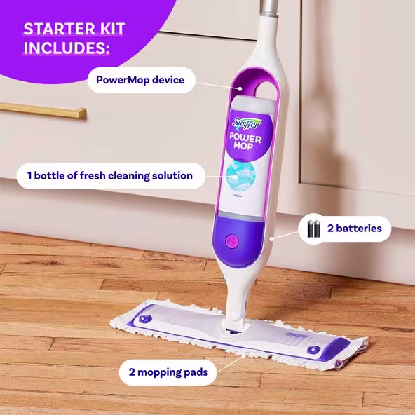 Swiffer® PowerMop Multi-Surface Kit for Floor Cleaning - Starter Kit Incudes: PowerMop device, 1 bottle of fresh cleaning solution, 2 batteries, 2 mopping pads