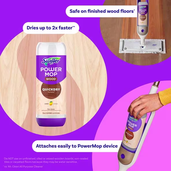Swiffer® PowerMop Wood QuickDry Floor Cleaning Solution with Lemon Scent - Safe on finished wood floor; Dries up to 2x faster; Attaches easily to PowerMop device