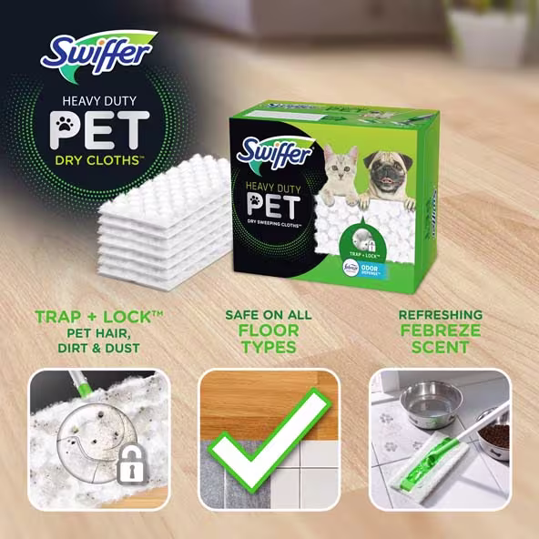 Swiffer® Sweeper™ Pet Heavy Duty Multi-Surface Dry Cloth Refills for Floor Sweeping and Cleaning - Trap + Lock Pet Hair, Dirt & Dust; Safe On All Floor Types, Refreshing Febreze Scent
