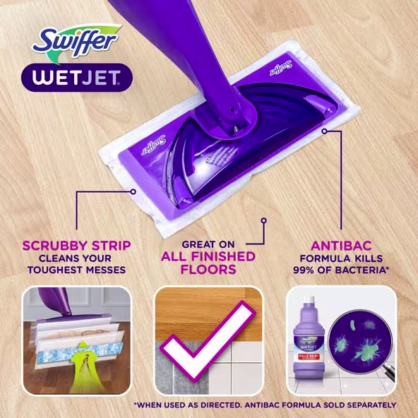 Swiffer® WetJet™ Mop Starter Kit - Scrubby Strips Cleans Your Toughest Messes; Great On All Finished Floors; Antibac Formula Kills 99% Of Bacteria