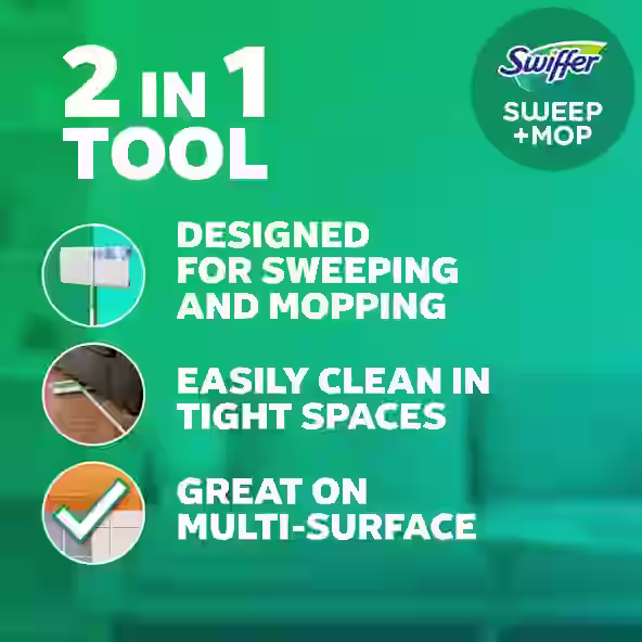 2in1 tool: Designed for sweeping and mopping, easily clean in tight spaces, great on multi-surface