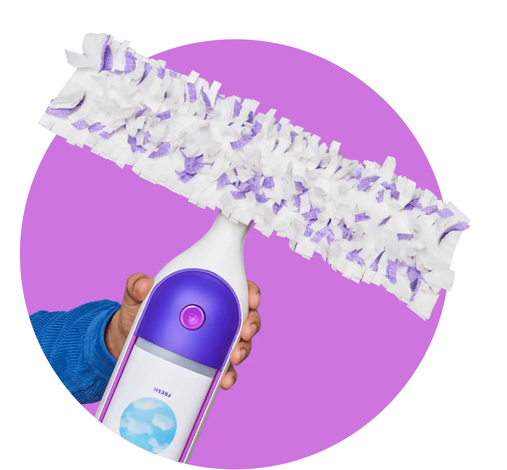 A hand holding a PowerMop on purple background