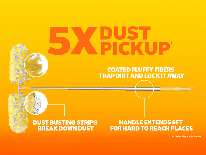 5x Dust pickup: Coated fluffy fibers trap dirt and lock it away; Dust Busting strips break down dust; Handle extends 6ft for hard to reach palces
