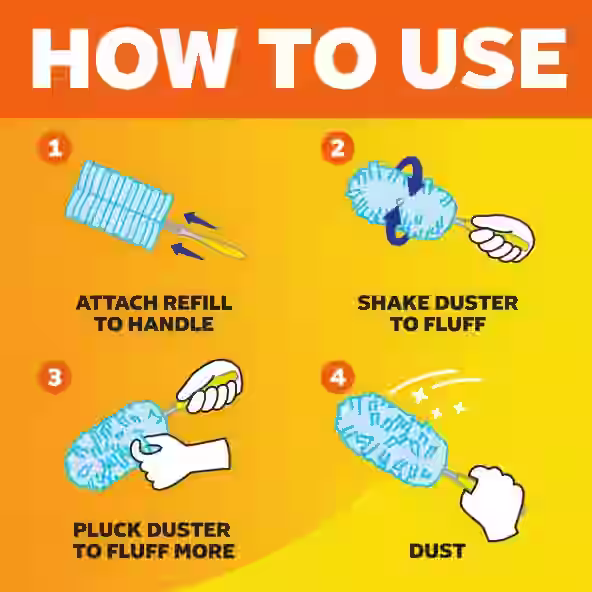 How To Use: Attach refill to handle; Shake Duster to Fluff; Pluck Duster to fluff more; Dust