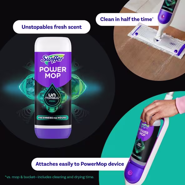 Swiffer®PowerMop Floor Cleaning Solution with Unstopables Fresh Scent, Clean in half the time, attaches easily to PowerMop device