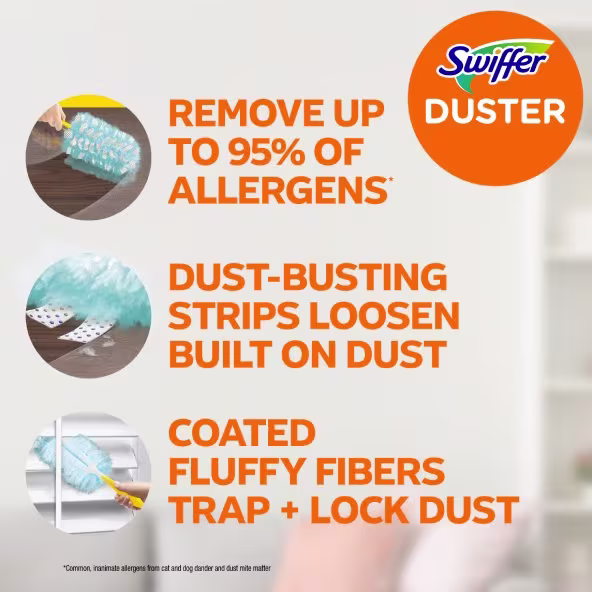 Remove up to 95% of allergens; Dust-busting strips loosen built on dust; Coated fluffy fibers trap+lock dust