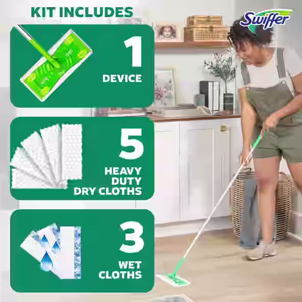 Kit includes: 1 device, 5 heavy duty dry cloths, 3 wet cloths