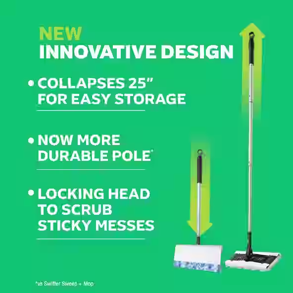 New Innovative Design - Collapses 25'' For Easy Storage; Now More Durable Pole; Locking Head To Scrub Sticky Messes
