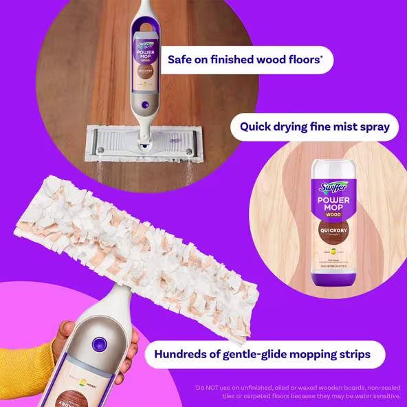 Swiffer® PowerMop Wood Mop Kit for Floor Cleaning, Lemon Scent - Safe on finished wood floors, Quick drying fine mist spray, Hundreds of genetic-glide mopping strips