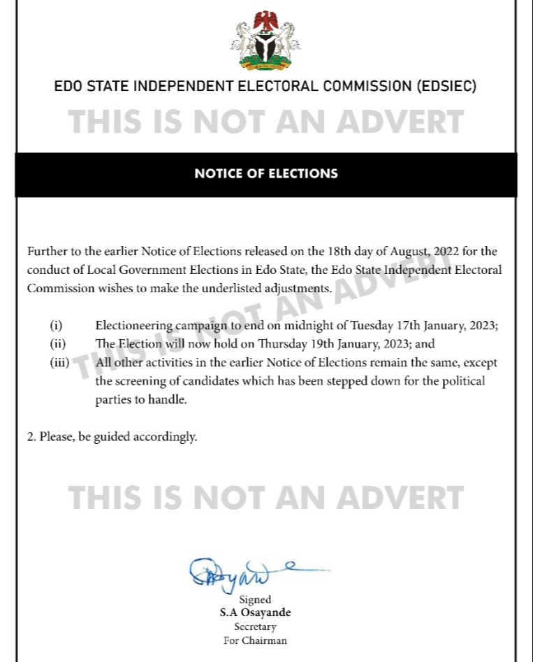 Edo electoral commission adjusts timetable for local council polls ...