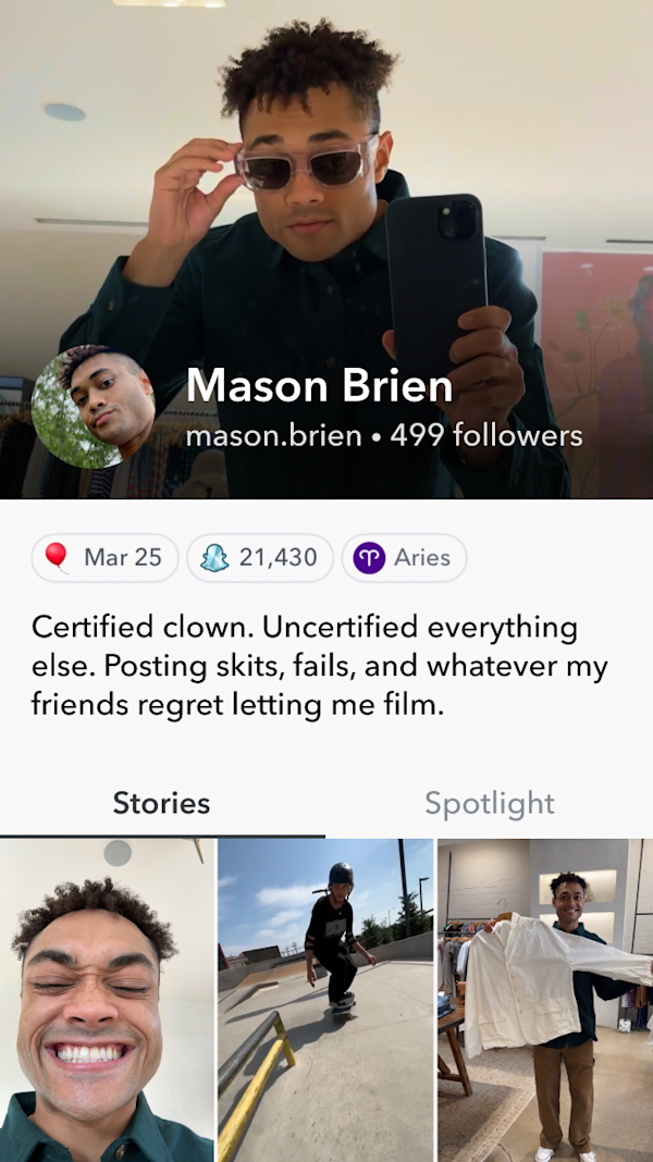 Mobile phone screen showing a Snapchat creator profile page for Mason Brien