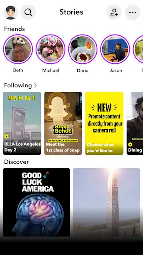Snapchat Stories screen displaying content from "Friends," "Following," and "Discover" sections