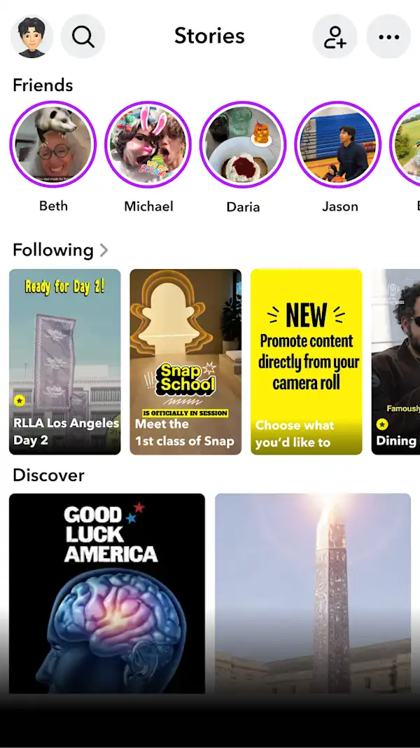 Snapchat Stories screen displaying content from "Friends," "Following," and "Discover" sections