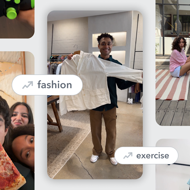 Snapchat Trending Topics carousel example showing 'fashion' and 'exercise' tags
