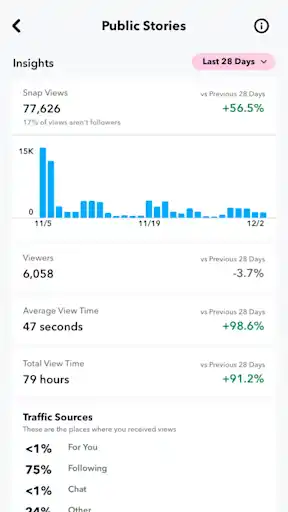 Smartphone screen showing Public Stories analytics and audience metrics