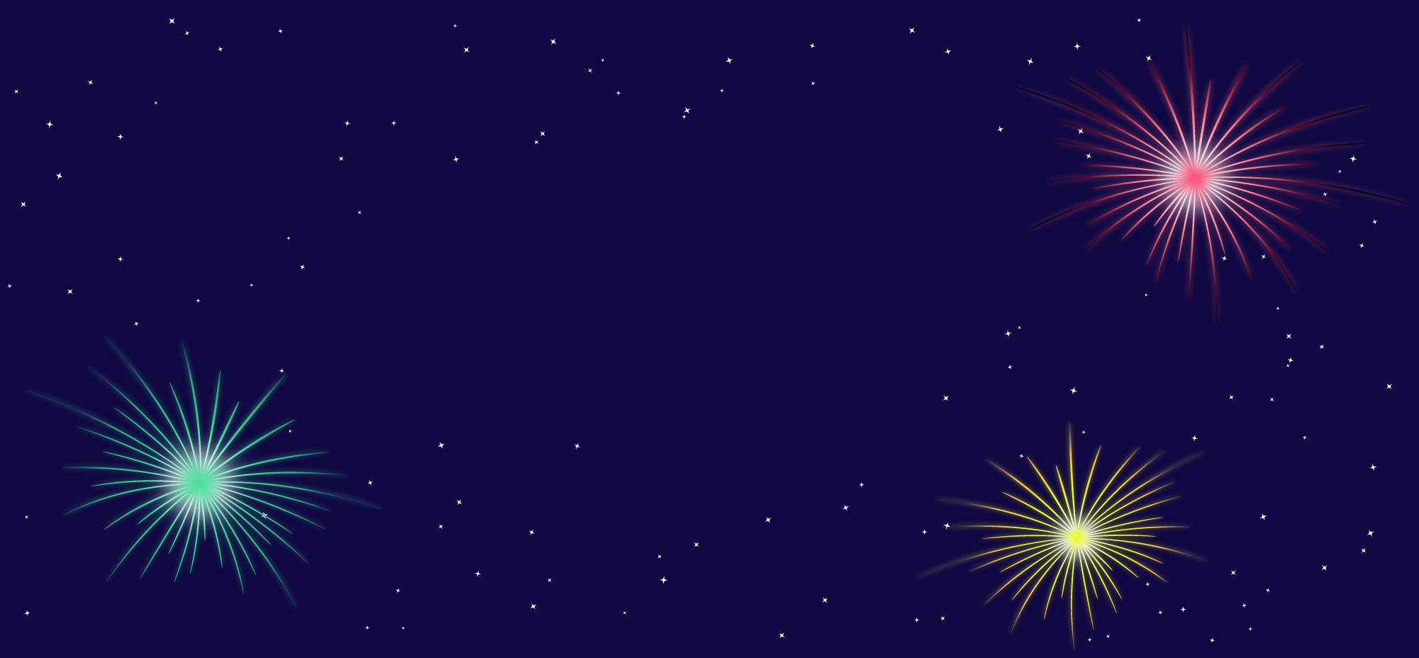 A full-page image with colorful fireworks and stars in a night sky.