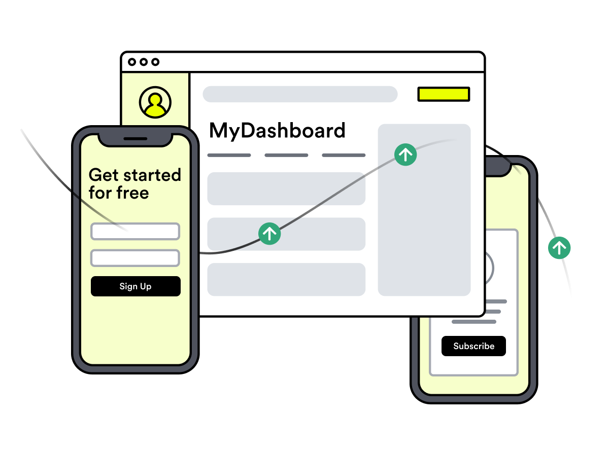 Illustration of both a mobile and web platform going through a user flow from form to product.