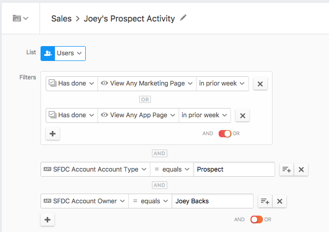 Defining a segment of sales prospect activity using Heap.