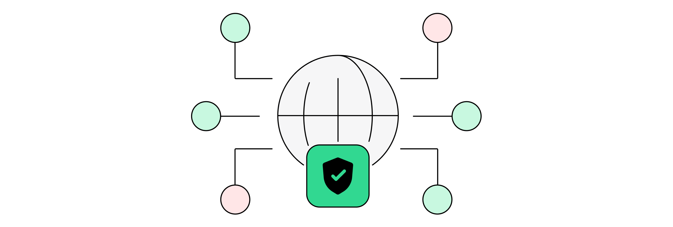 An illustration of a globe with different endpoints. A green box with a checkmark is on top of the globe.