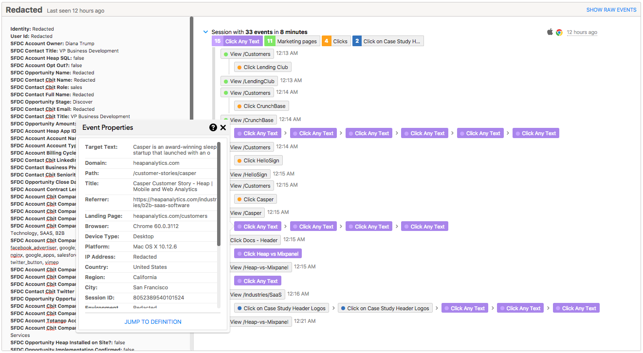 Example of a user report in Heap with Salesforce data integrated. 