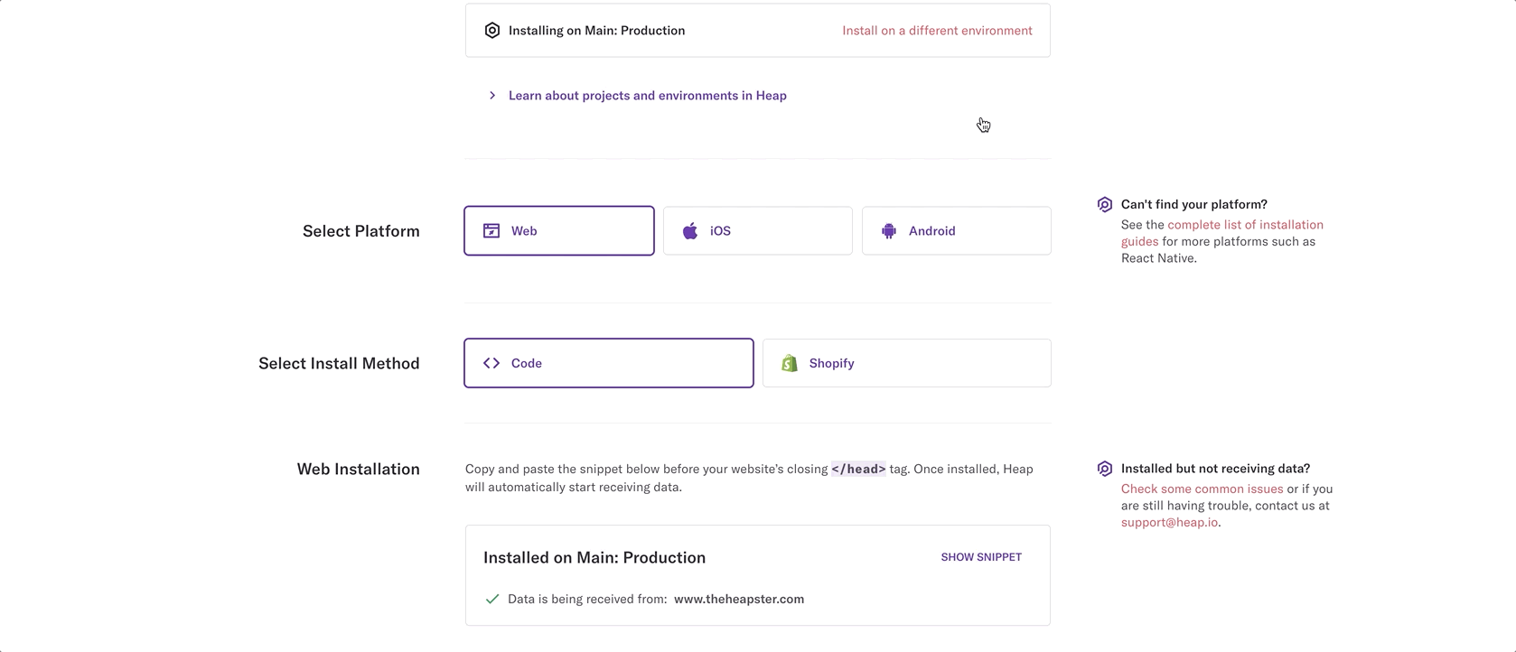 Two areas on a previous version of Heap's install page where the user can click to show or hide information. The two areas do not have the same UX