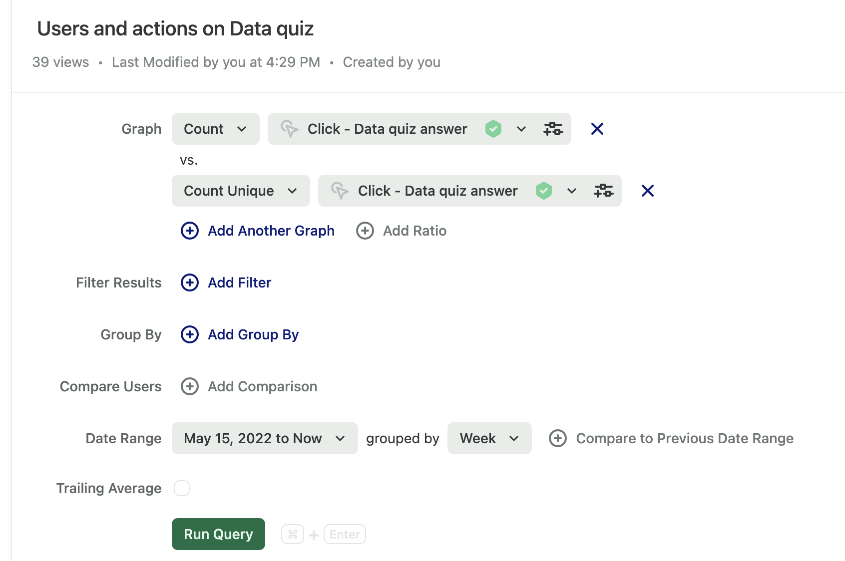 Screenshot of the Heap query that identifies data quiz usage