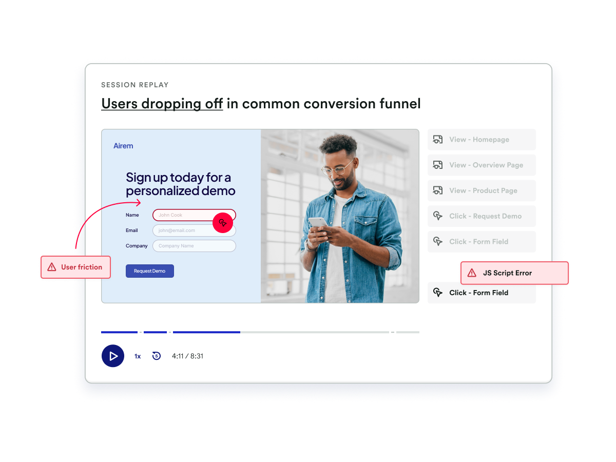 A screenshot of a session replay of users dropping off in a common conversion funnel 