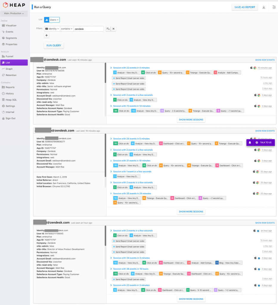 Running a query on users in Heap that reports on users that work at Zendesk