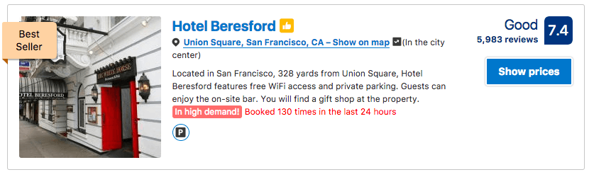 A card from the website booking dot com is shown with a hotel in the city of San Francisco 