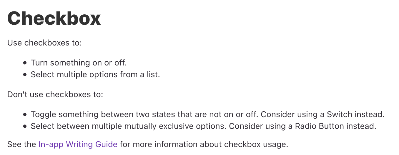 Documentation for a Checkbox component listing Do's and Don'ts for using the component