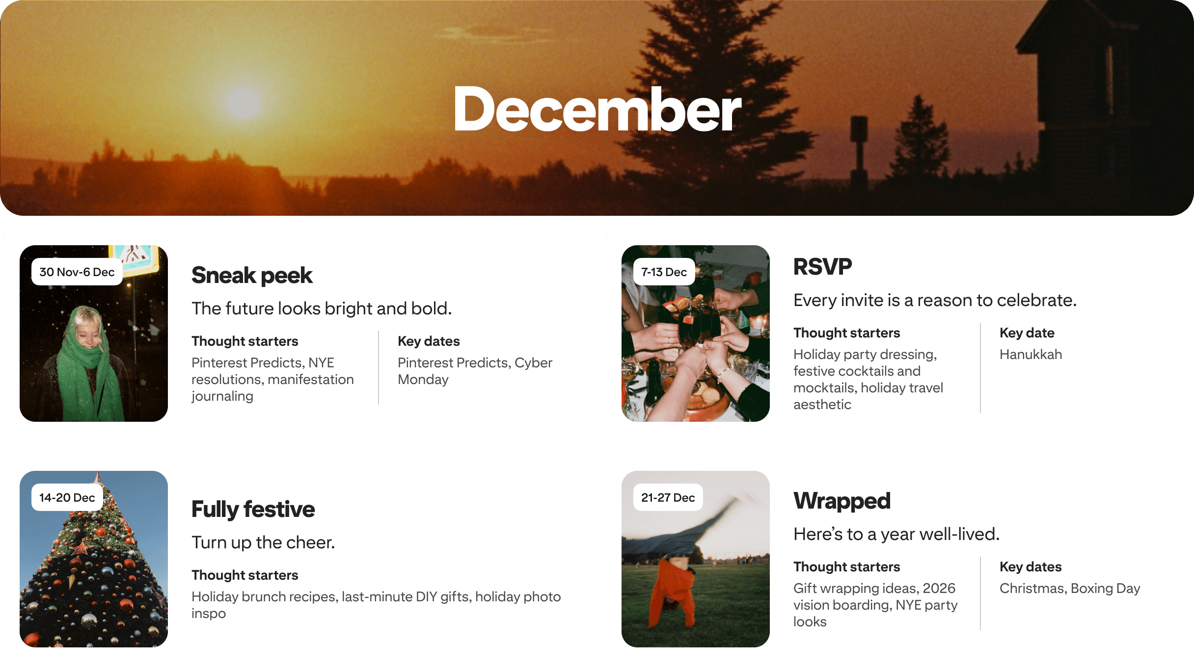 December planner view with four cards: Sneak peek, RSVP, Fully festive and Wrapped, each dated and paired with photos.