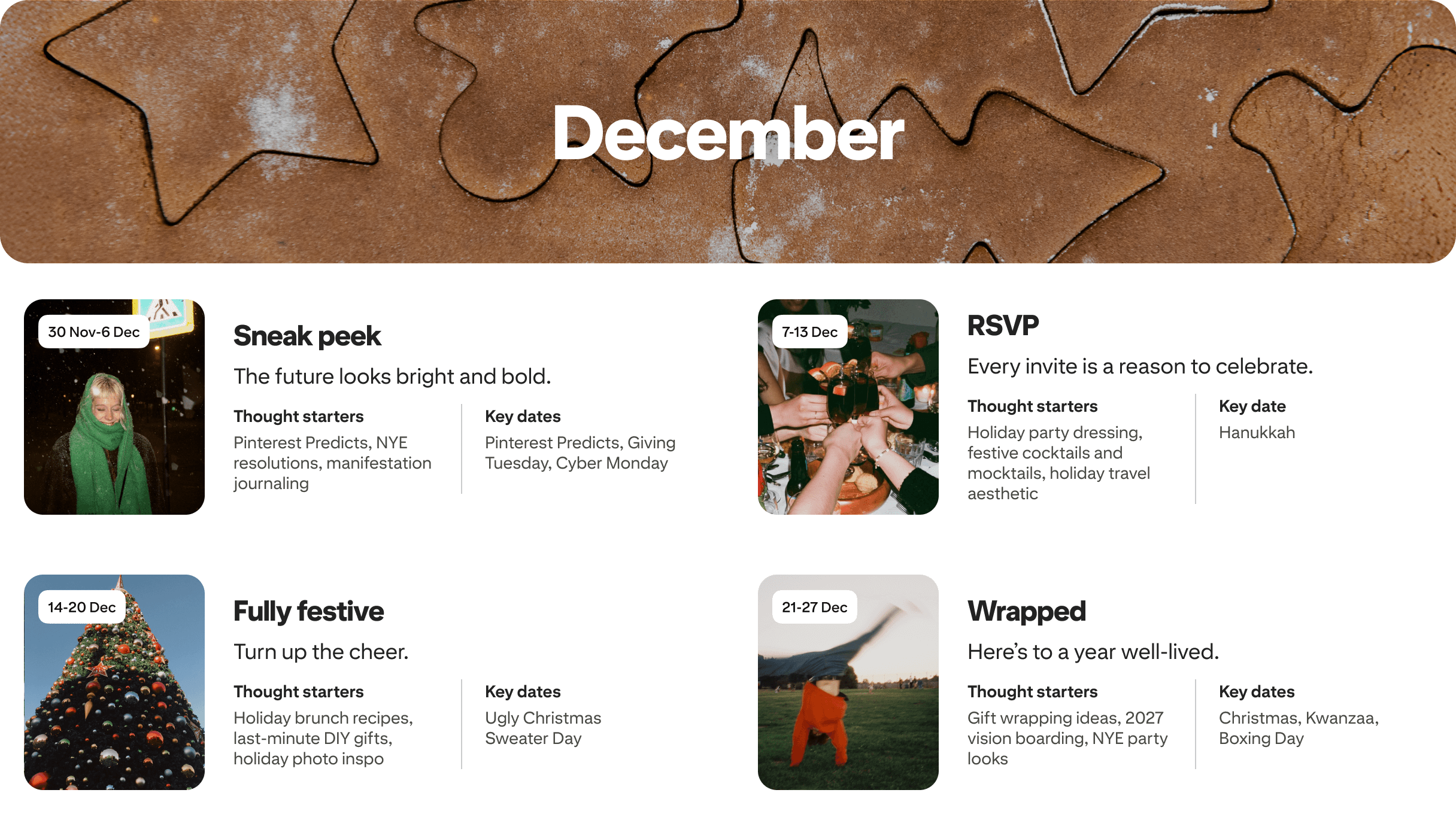 December planner view with four cards: Sneak peek, RSVP, Fully festive and Wrapped, each dated and paired with photos.