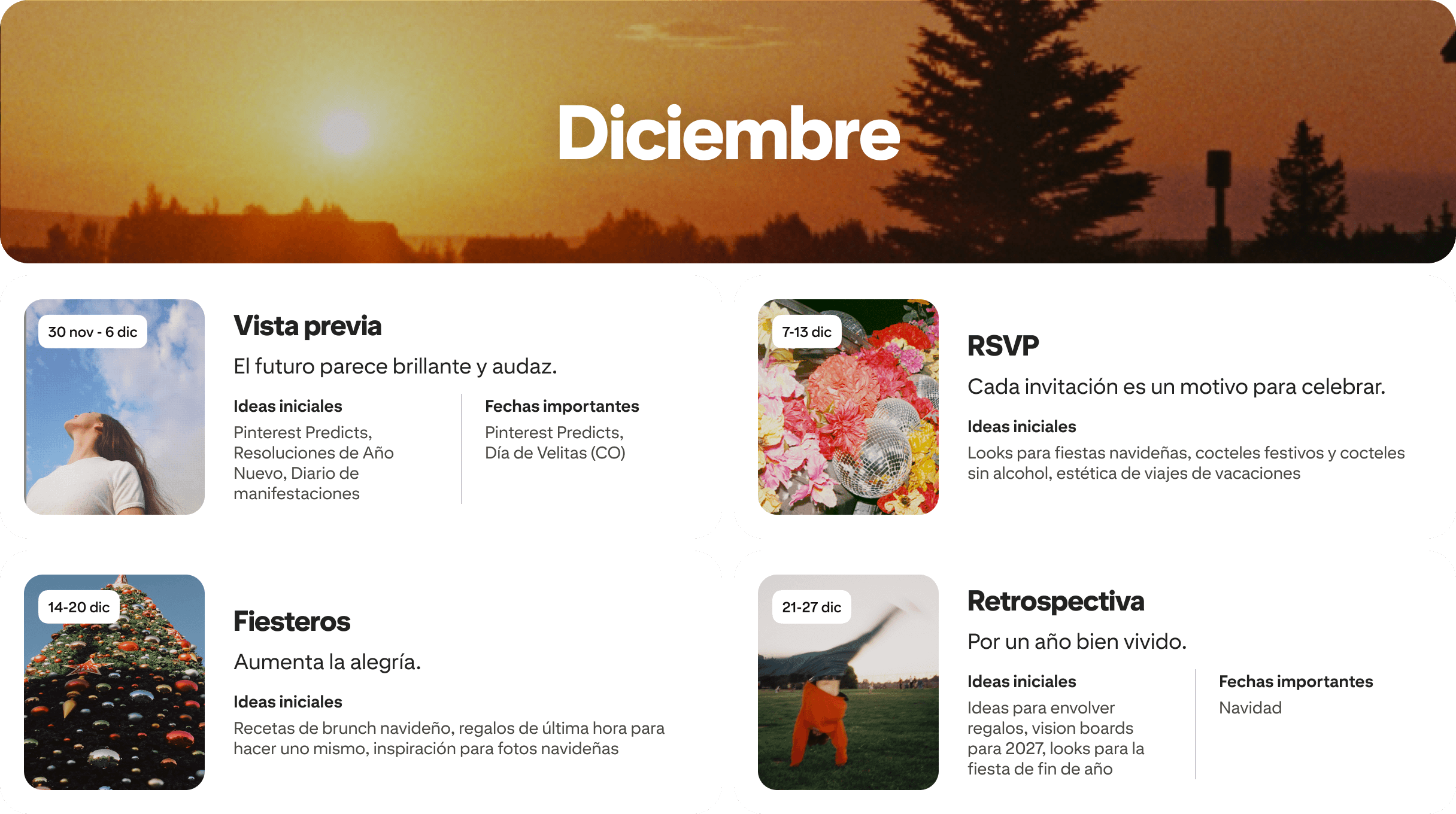 December planner view with four cards: Sneak peek, RSVP, Fully festive and Wrapped, each dated and paired with photos.