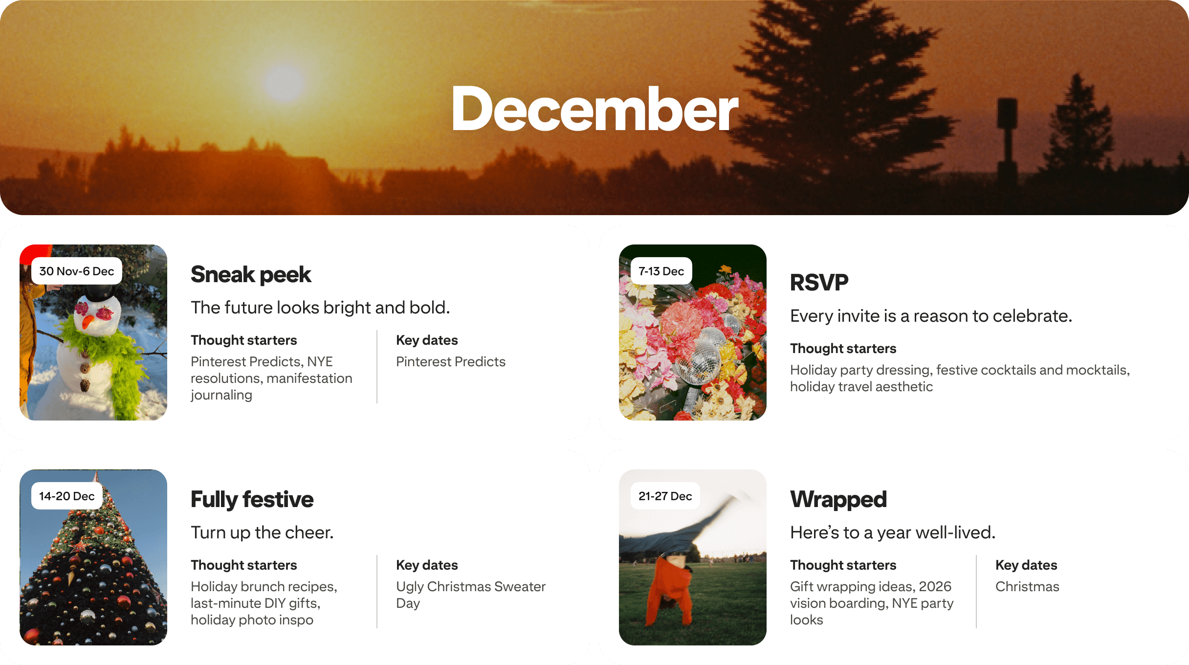 December planner view with four cards: Sneak peek, RSVP, Fully festive and Wrapped, each dated and paired with photos.