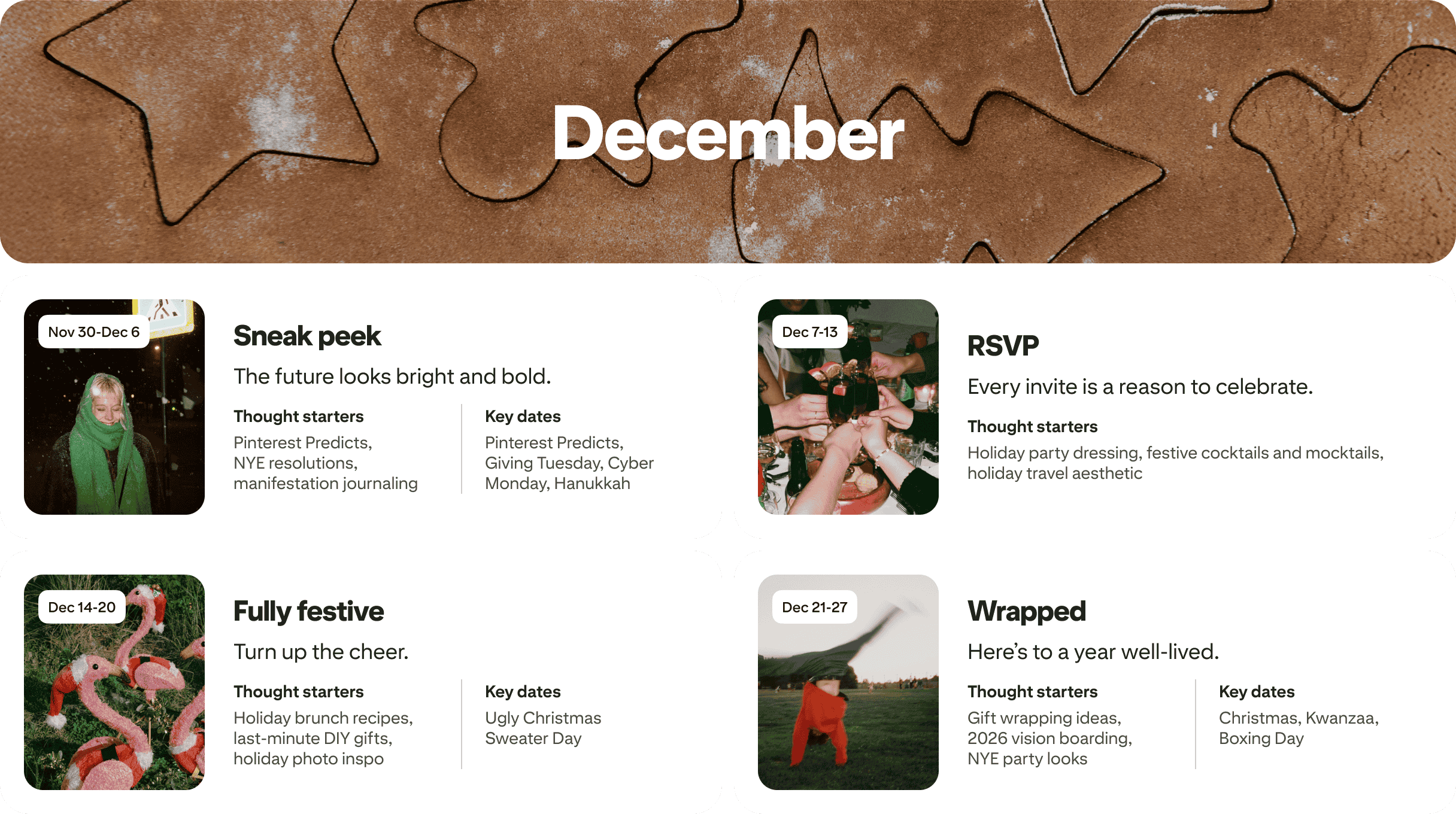 December planner view with four cards: Sneak peek, RSVP, Fully festive and Wrapped, each dated and paired with photos.