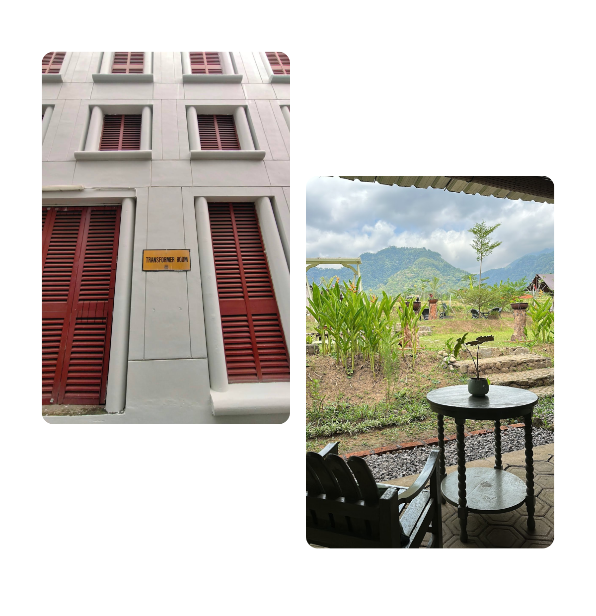 Two pins, exterior of hotel, chair and table looking on to landscape