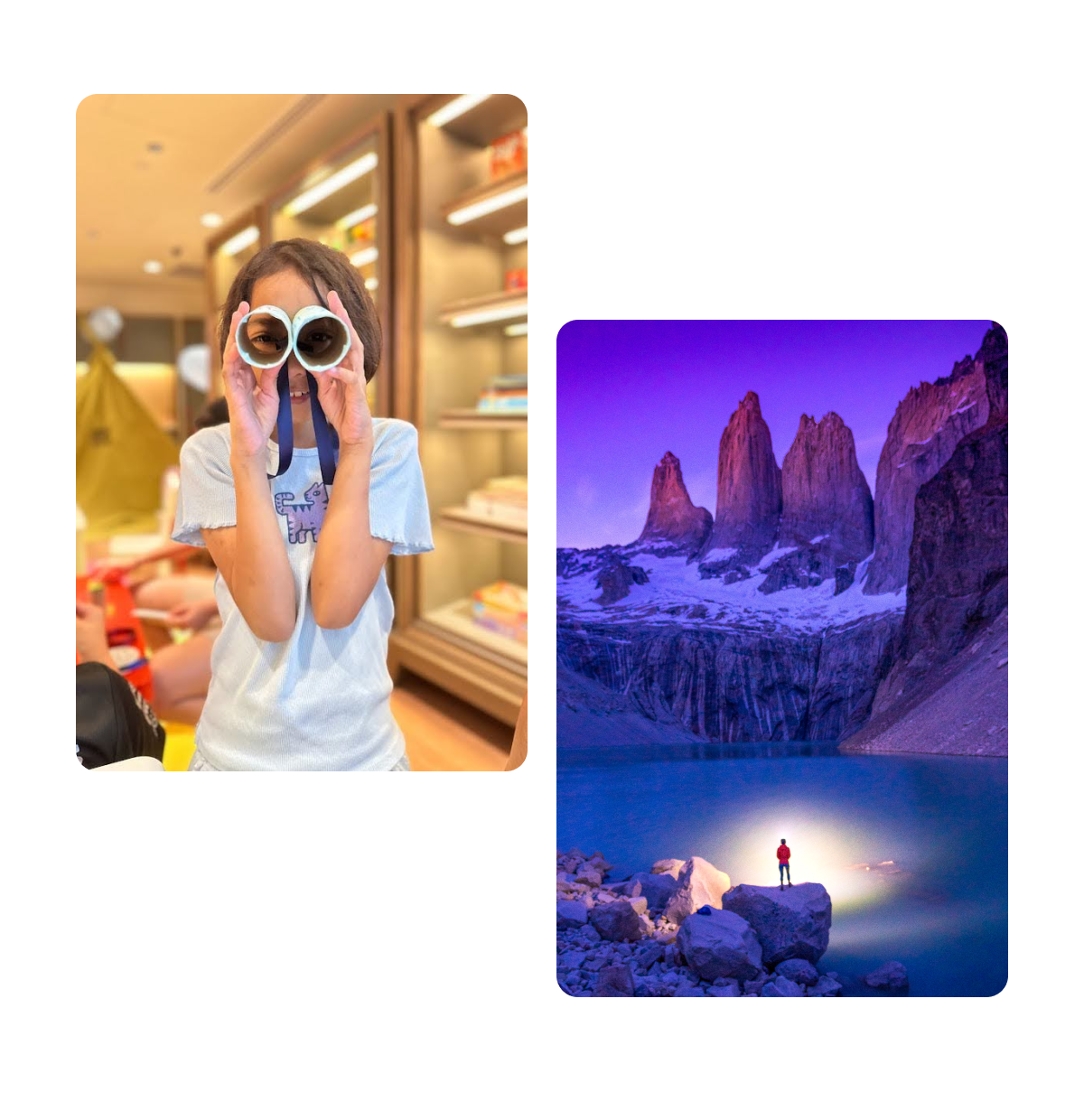 Two pins, girl looking through homemade binoculars, icy lake