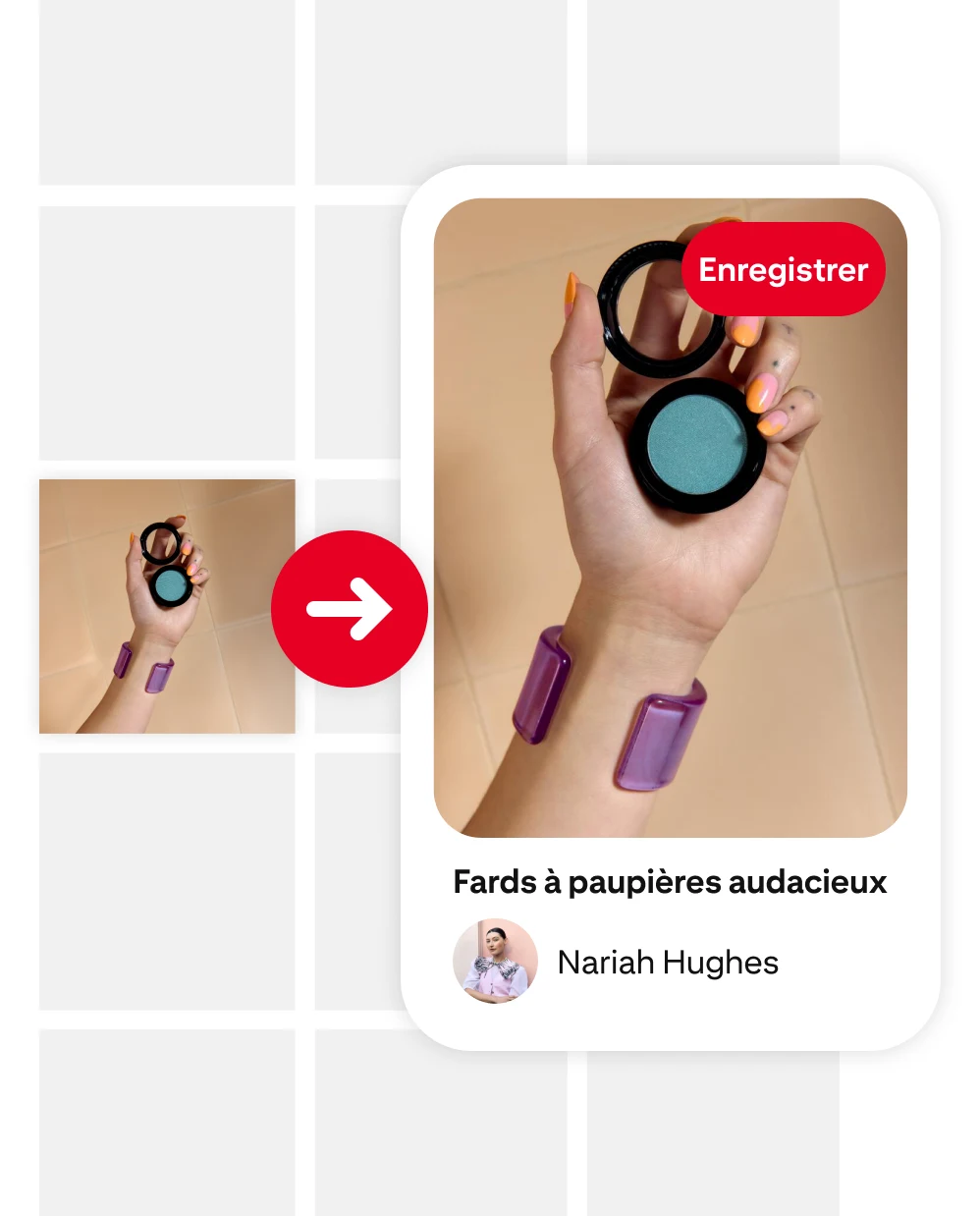 Hand wearing a chunky purple bracelet holding a blue eyeshadow compact in front of a blank board grid