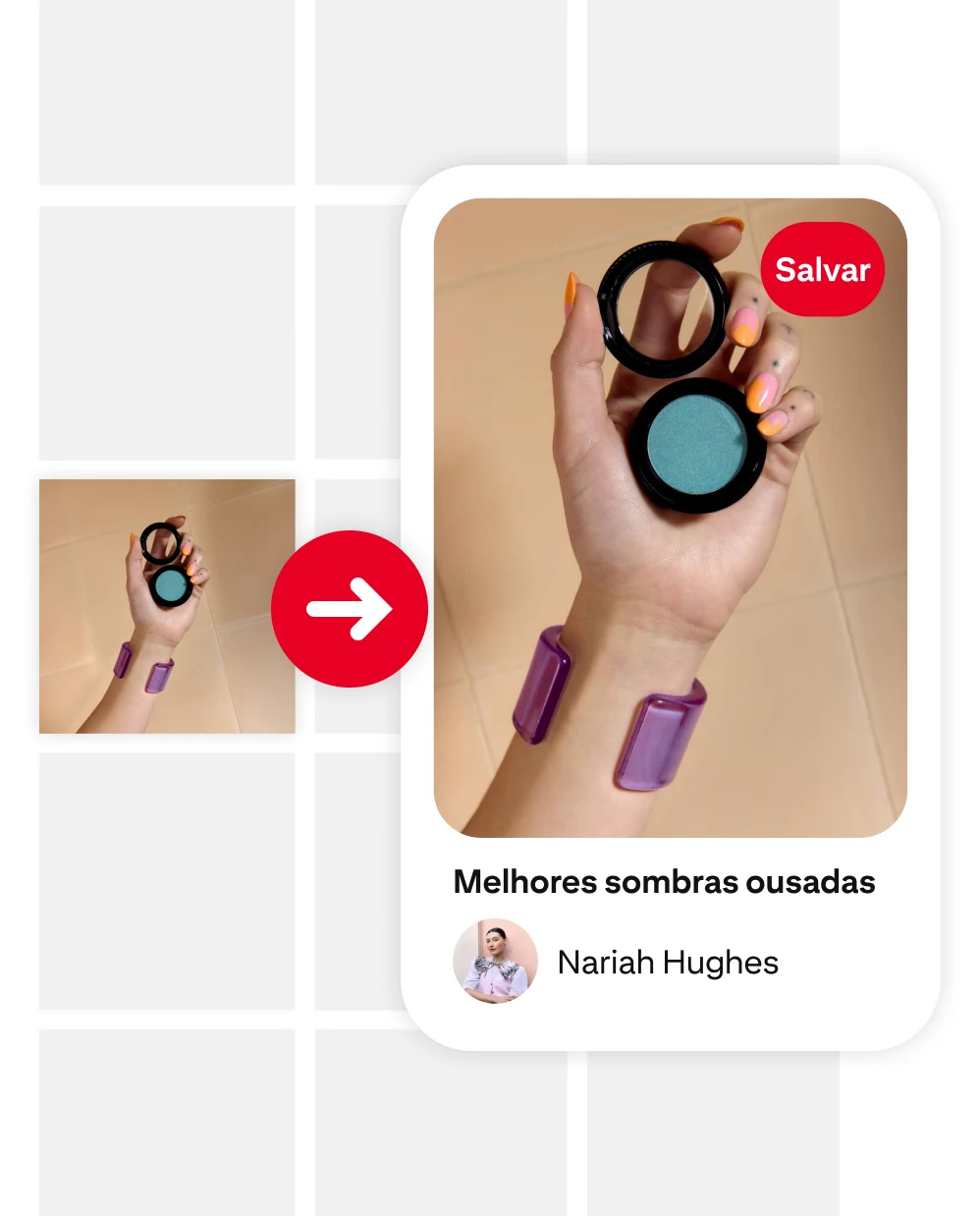 Hand wearing a chunky purple bracelet holding a blue eyeshadow compact in front of a blank board grid