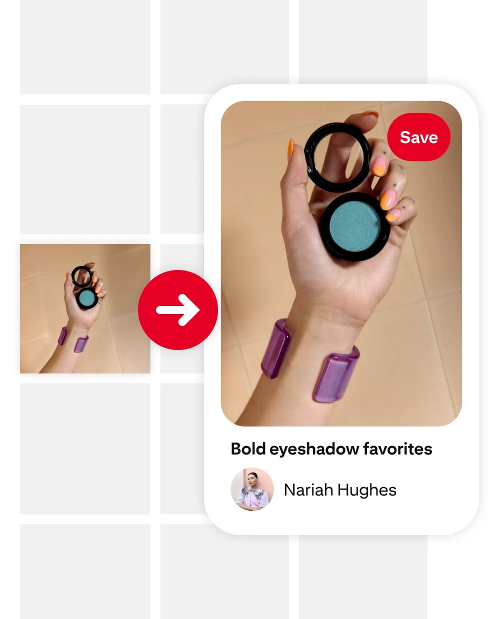 Hand wearing a chunky purple bracelet holding a blue eyeshadow compact in front of a blank board grid