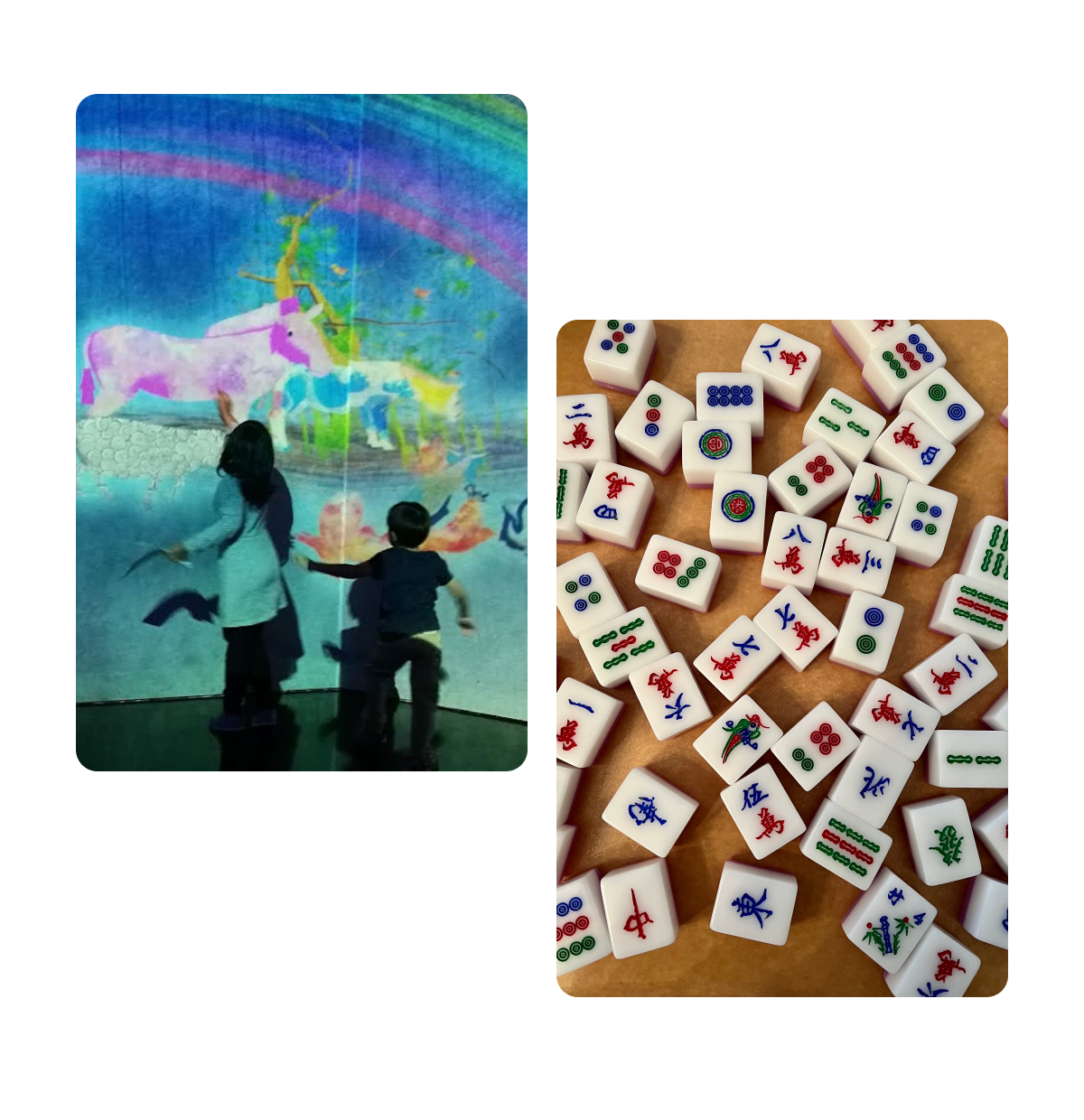 Two pins, children interacting with mural, mahjong tiles