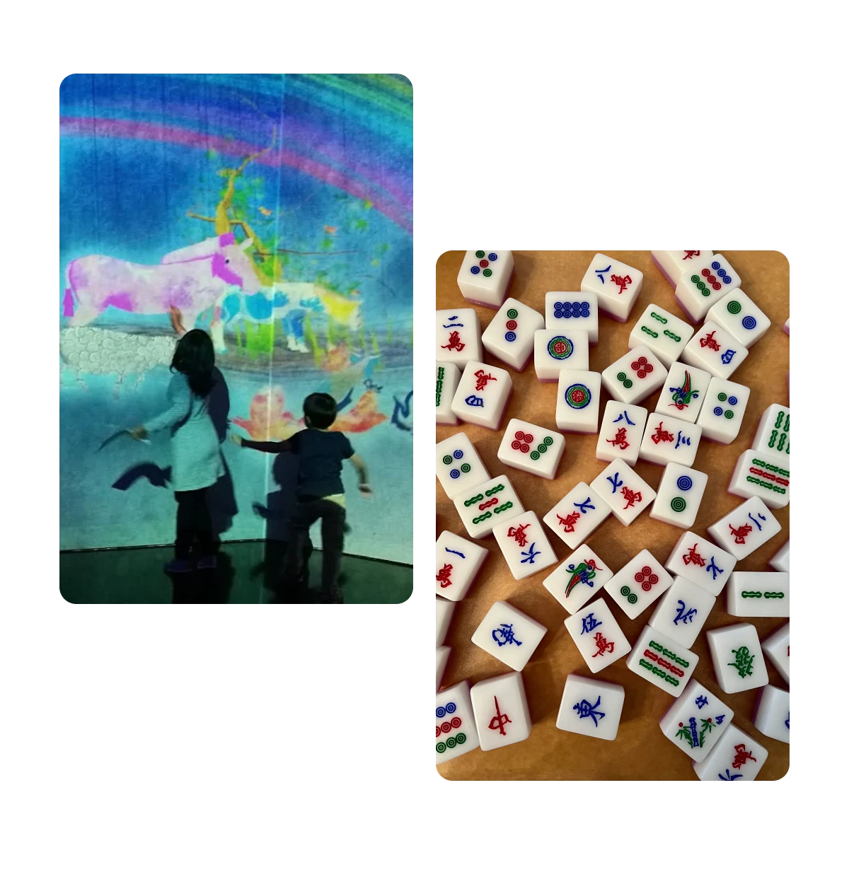 Two pins, children interacting with mural, mahjong tiles