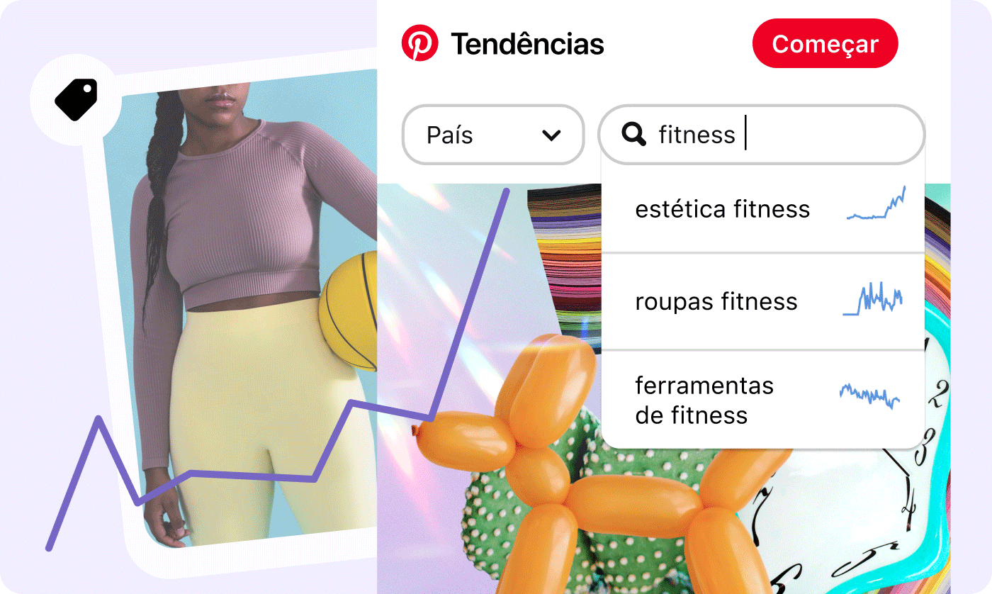 A imagem mostra a ferramenta Pinterest Trends e um Pin de uma mulher vestindo roupa fitness.