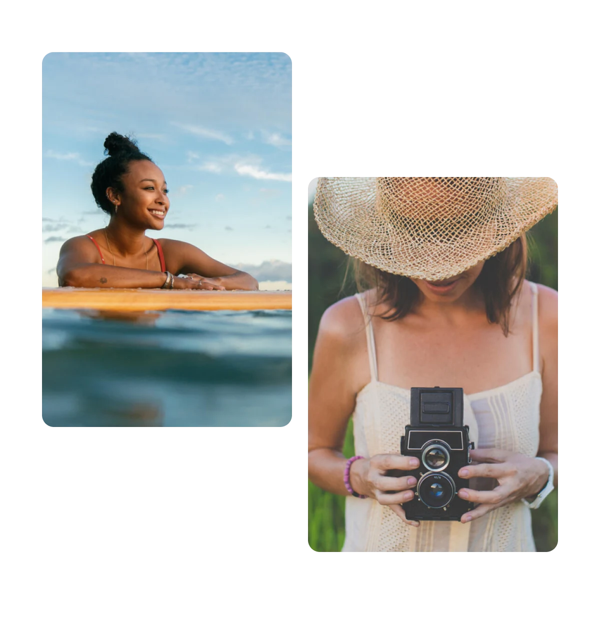 Two pins, girl on surfboard, woman holding old camera 