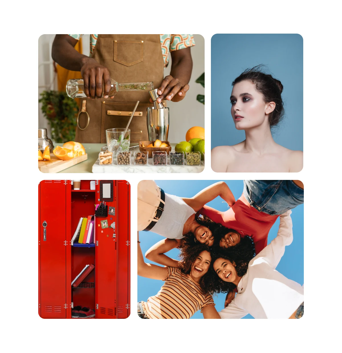 Pin grid featuring Black bartender mixing a drink, white woman with grungy makeup, a red locker, and a group of women friends.
