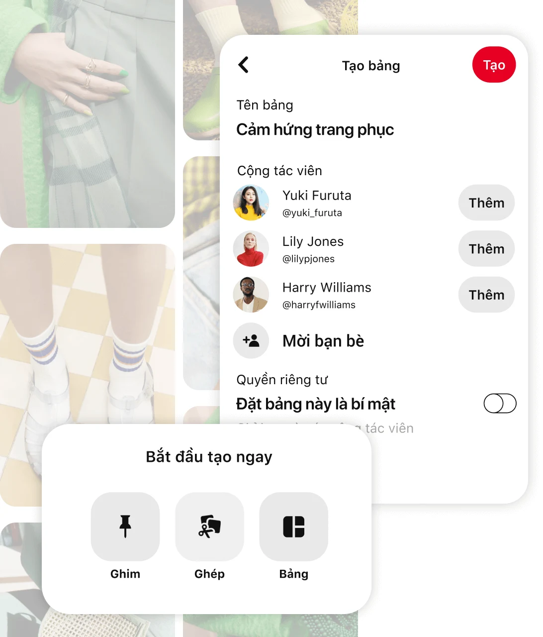 Lưới ghim mờ phía sau mô-đun "Tạo bảng" và nút "Bắt đầu sáng tạo"