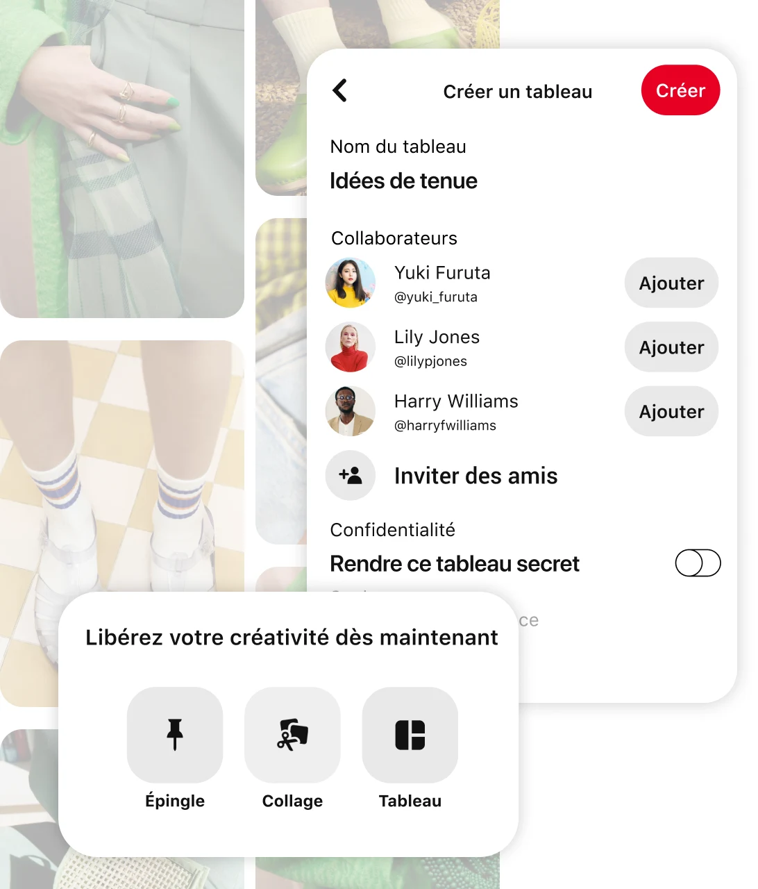 Grille d’Épingles pâle derrière un module « Créer un tableau » et le bouton « Commencer à créer »